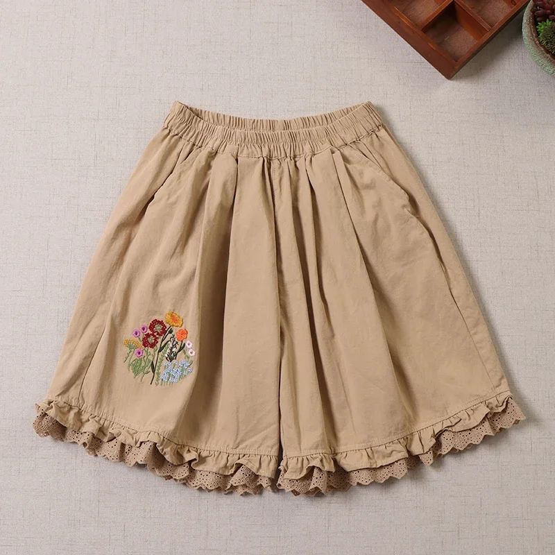 Harajuku Japan Style Mori Girl Floral Embroidery Shorts Women Summer Vintage Elastic Waist Casual Loose Cotton Linen Shorts