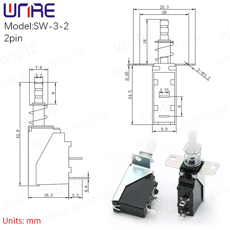 SW-3-2 2pin Self-locking Power Switch White Handle With Spring TV Keyboard Home Appliance Switch Button Accessories