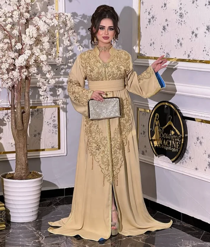 Мусульманский кафтан цвета шампанского, вечерние вечерние платья, кружевная аппликация, длинный рукав, марокканский кафтан, платье для выпускного вечера, наряд на заказ