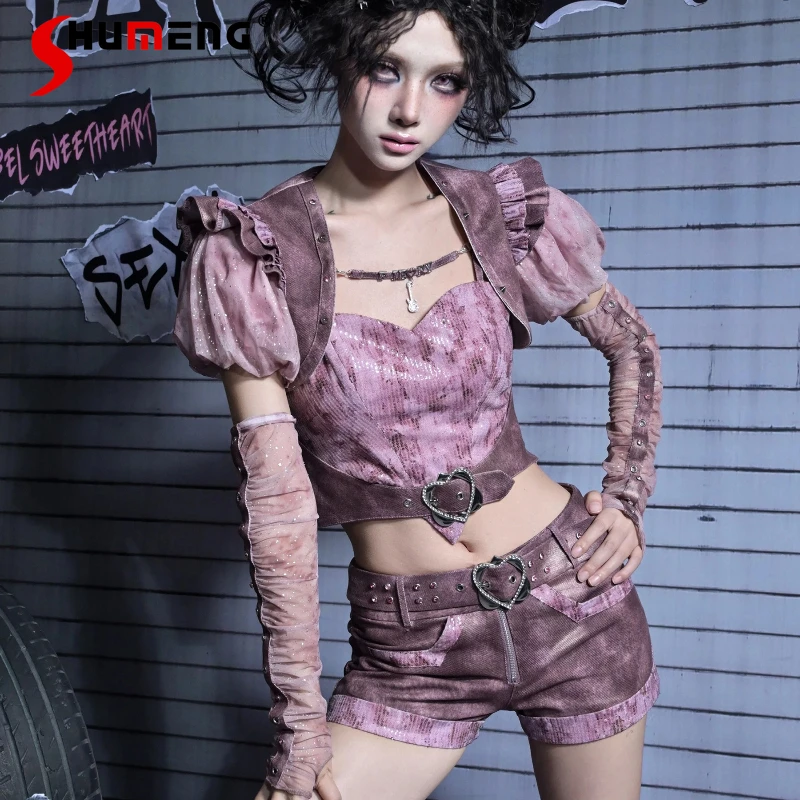 

Japanese Punk Style Two-Piece Heart Strap Top Camisoles Set Autumn Short Waist-cinching Slimming Y2k Slings Daily Wear For Women