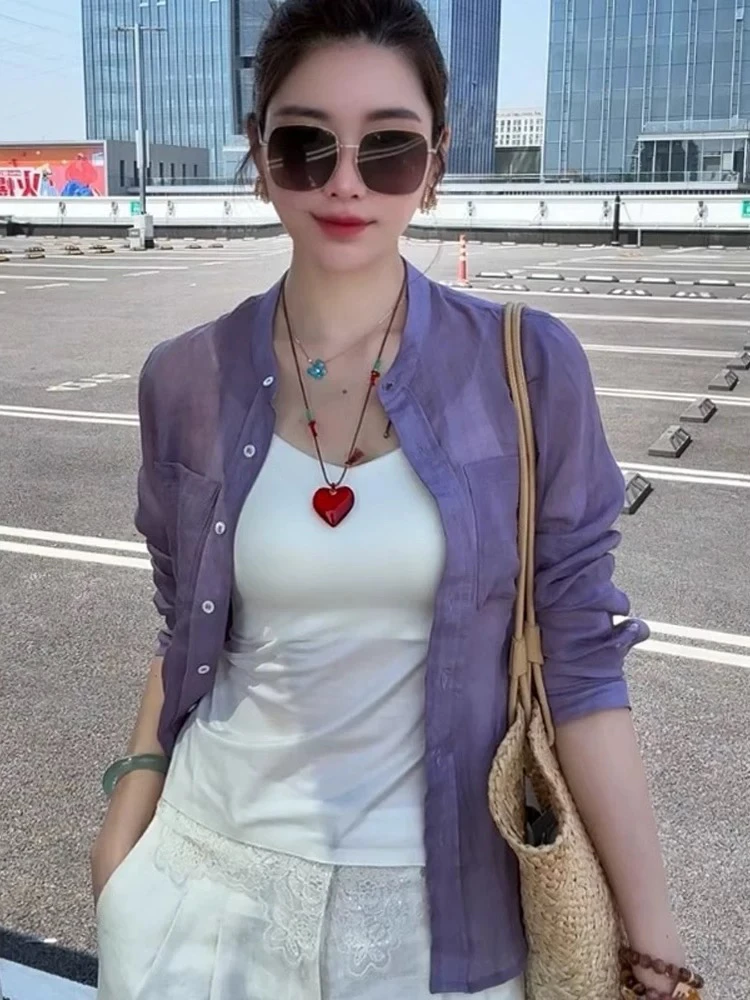 Ele Simple Linen Long Sve irt Cardigan aperto leggero primavera estate da donna Top Faion Sensation Protezione solare