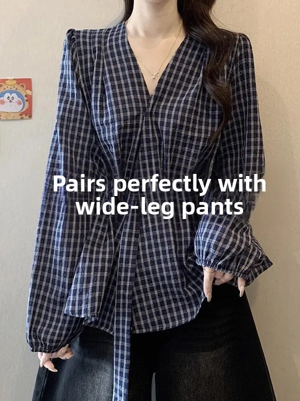 

French Style Women's Shirt Linen Long Sleeve Checkered Waist-Cut Beautiful Copper Sulfate Puning Spring Autumn Season Shirt