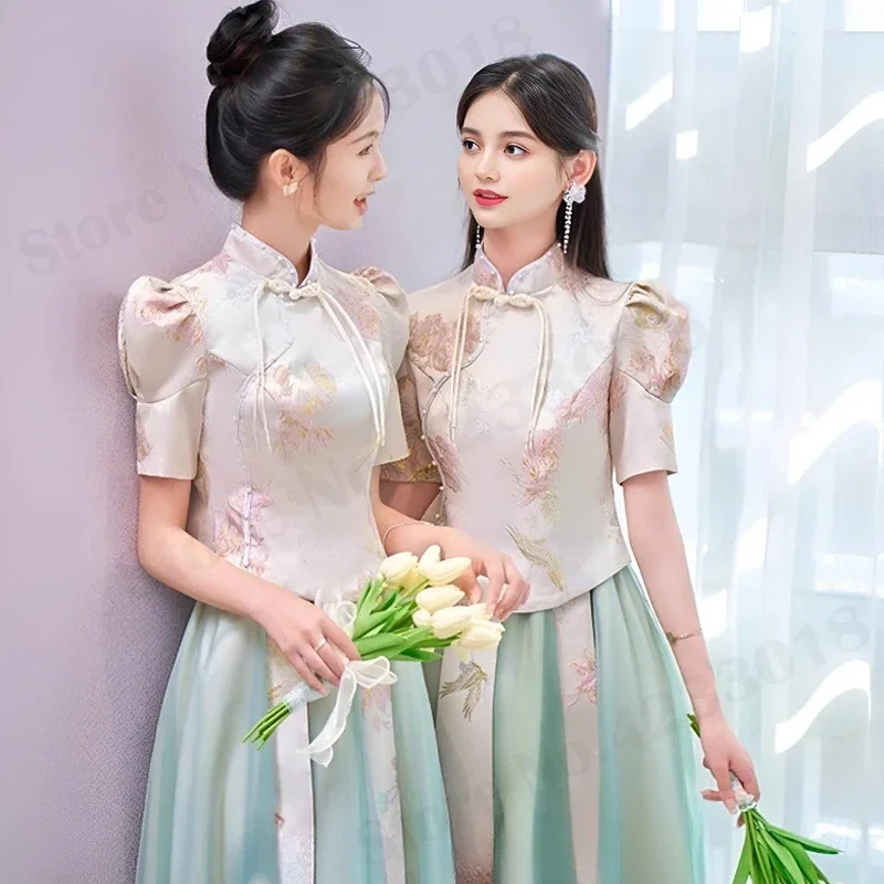 Bridesmaid Xiuhe Wedding Dress Green Gentle Elegant Temperament Tang Costumes New Chinese Style Qipao Mandarin Collar Cheongsam