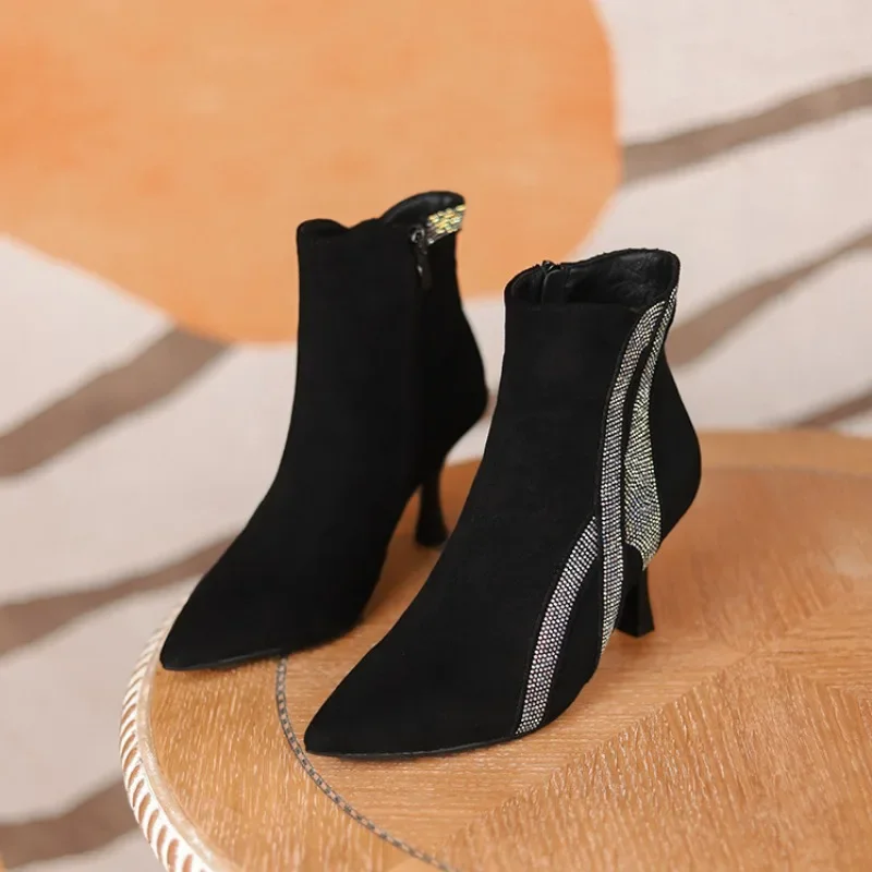 Suede High Heel Boots for Women's 2023 Winter New Woman's Shoes Look Slim Thin Heel Pointed High Heel Short Boots Ladies Shoes