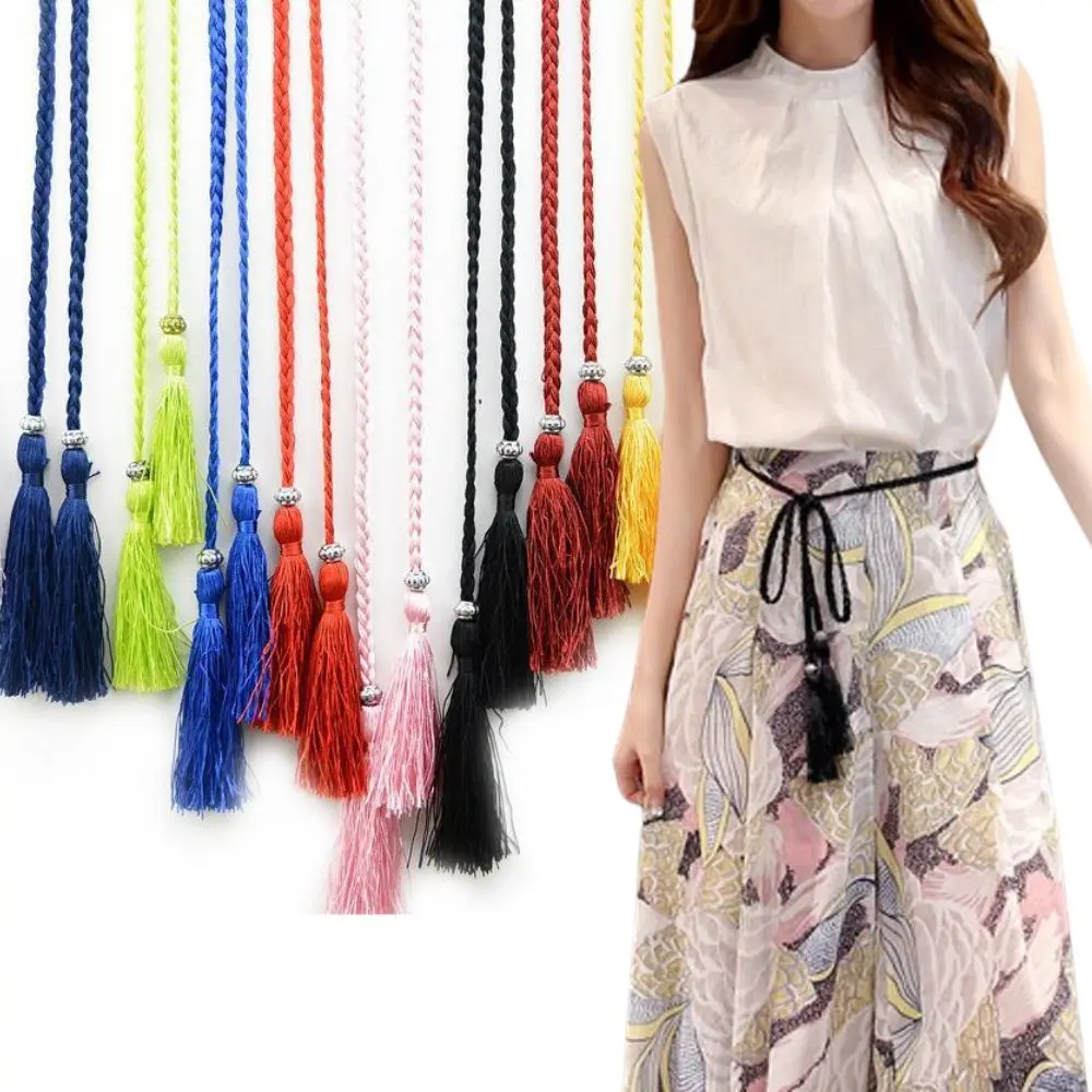 Women Braided Waist Belt Chinese Style Tassel Thin Belt Colorful Female Knot Decorated Waistband Waist Rope Hair Accessories Hot