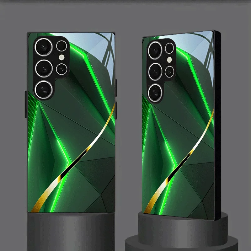 Green gold light and shadow pattern glass phone case suitable for Samsung Galaxy S26 S25 S24 S23 S22 S21 S20 FE/Ultra/Plus