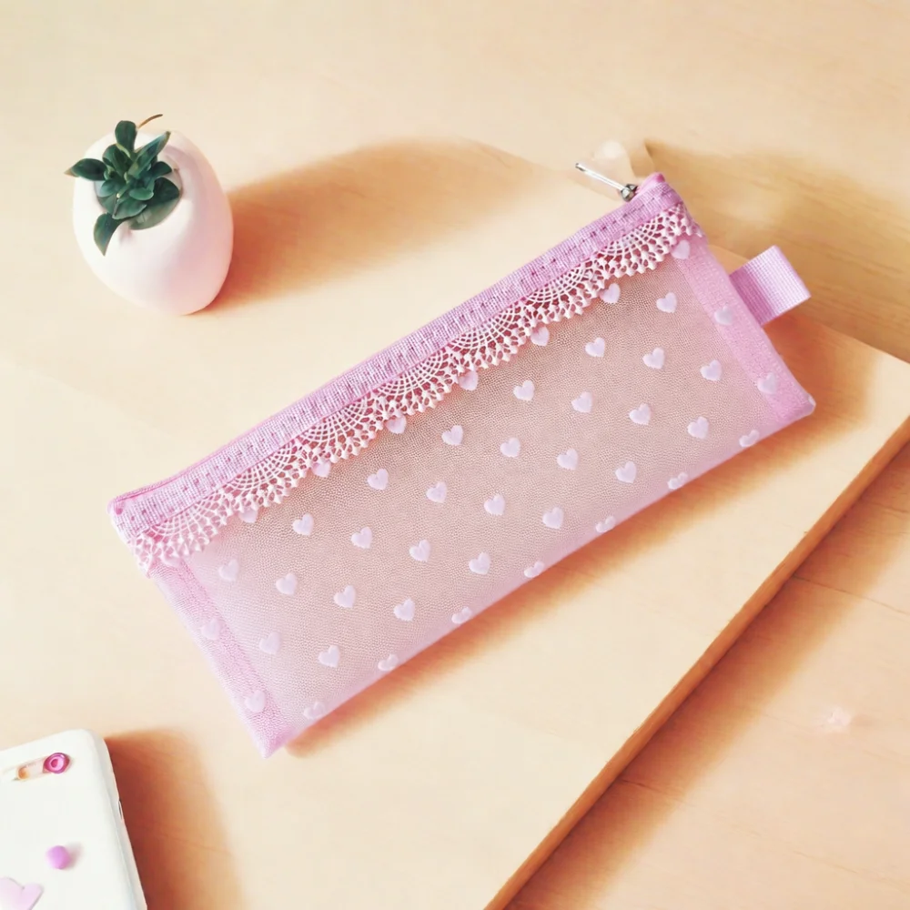 New Flower Edges Cosmetic Bag Mesh Lace Heart Makeup Storage Pouch Transparent Sweet Toiletry Bag Storage for Travel