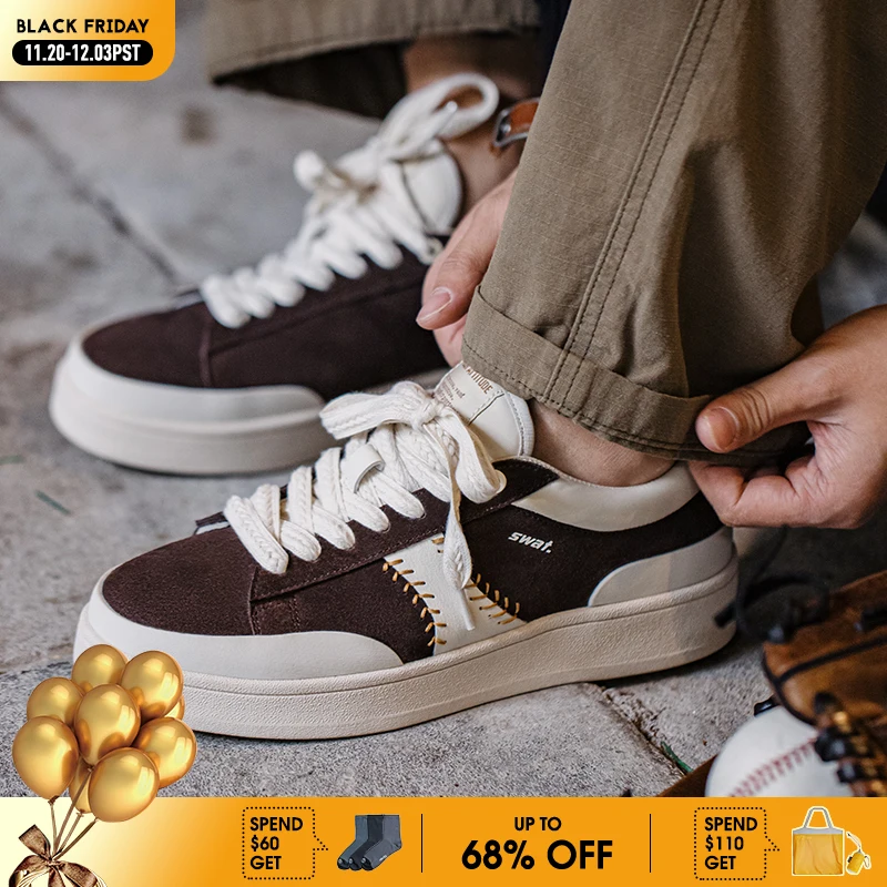 

Maden Retro Patchwork Baseball Shoes Casual Lace-Up Sneakers Embroidered Chunky Platform Sole for Height Increase Board Shoes