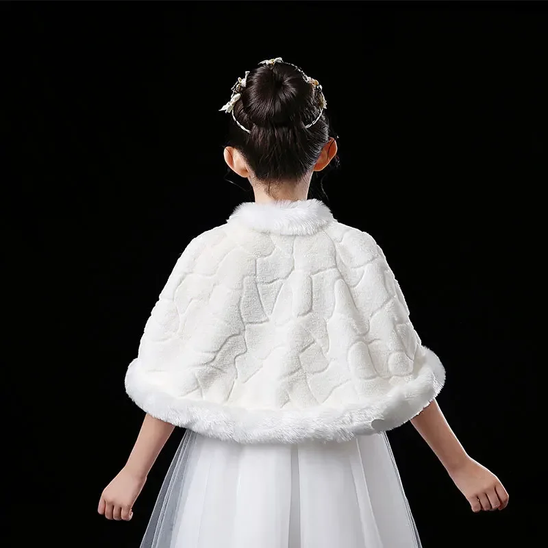Girls Faux Fur Wedding Party Jacket White Wraps Shawl Cape Stole Girls Bolero Shrug For Children Winter Kids Warm Coat 2-12T