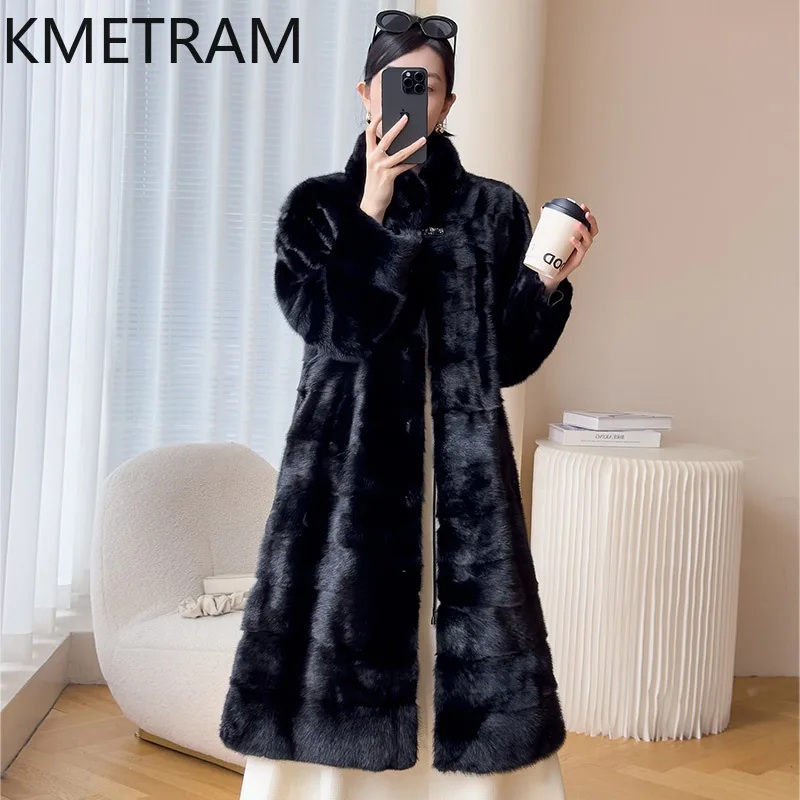 จริงทั้ง Mink FUR Coat ผู้หญิงหรูหราสีดํายาวเสื้อขนสัตว์คุณภาพสูงฤดูหนาวเสื้อผ้าผู้หญิง Furry แจ็คเก็ต 2025 