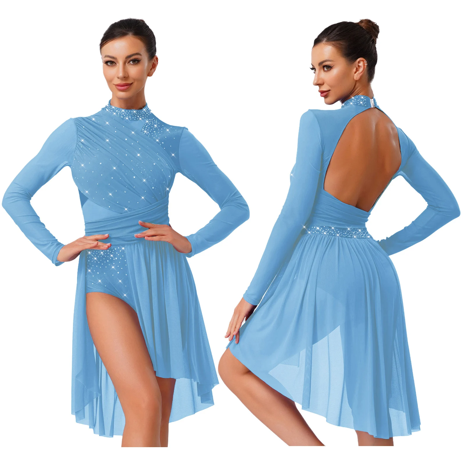 Vrouwen Lyrische Dans Jurk Strass Lange Mouw Ruche Backless Een Stuk Turnpakje Jurk Modern Ballet Hedendaagse Danskostuum