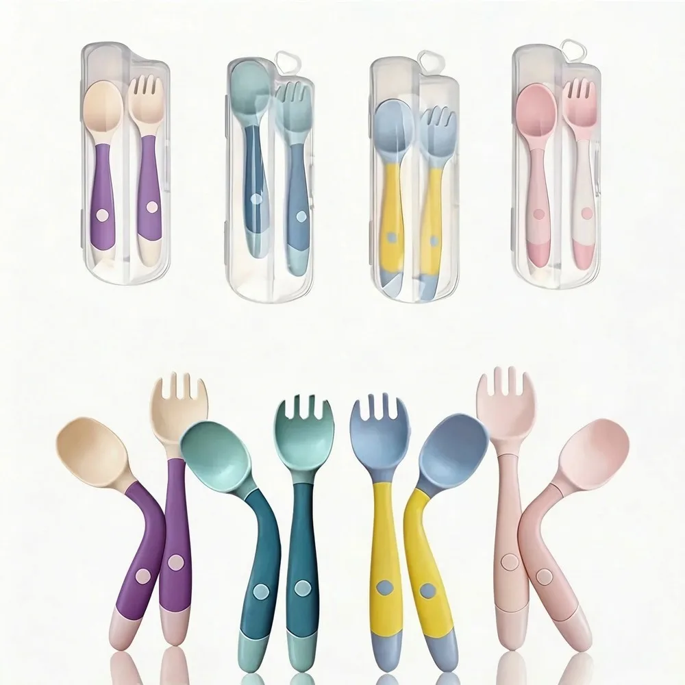 

Hot Toddler Utensils Baby Spoons and Forks Set with Case Bendable Self Feeding Training Flatware Silicone Spoon Fork for Babies