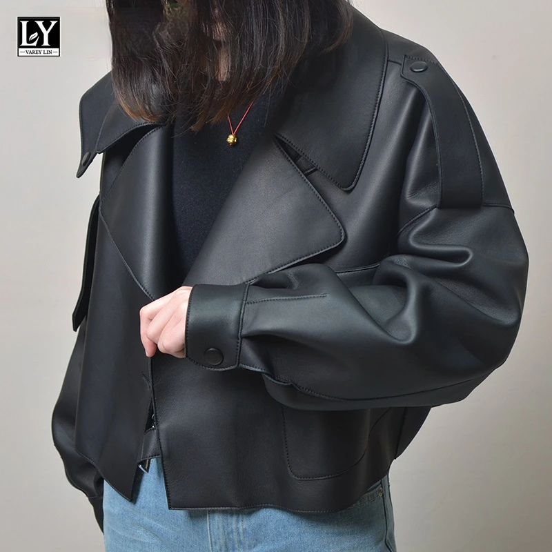 LY VAREY LIN 2022 Spring Women Biker Jacket Pu Leather Jacket Casual Outwear  Black Short Loose Soft Faux Leather Jacket Lady