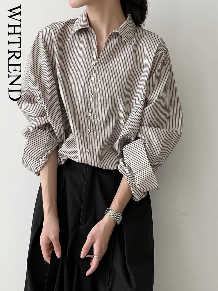 

WHTREND Striped Shell Button Shirt For Women Autumn New Elegant Turn-down Collar Versatile Oversized Shirt WH1264
