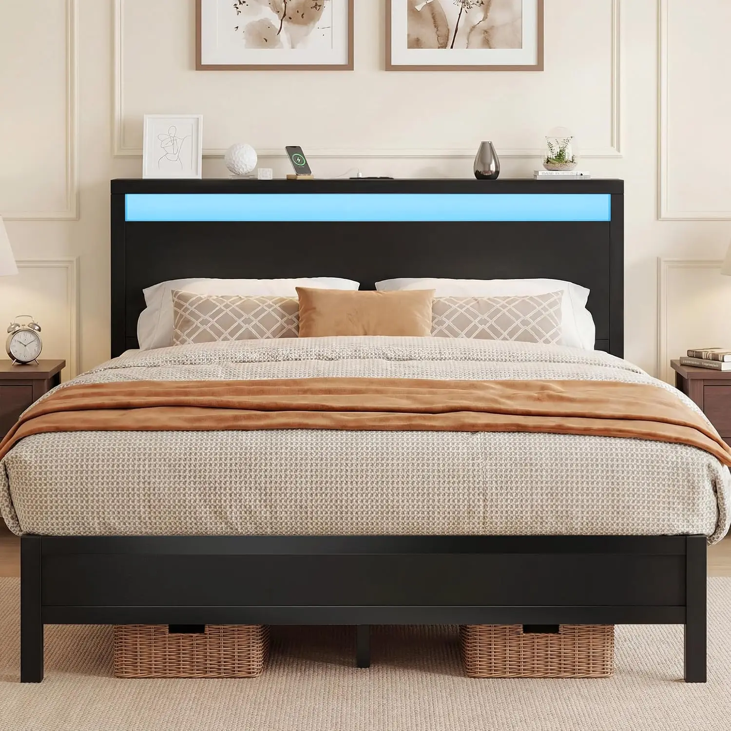 Queen Bed Frame with Headboard & Footboard, Bed Frame with Built-in Charging Station & LED Light, Storage Shelf,, Custom