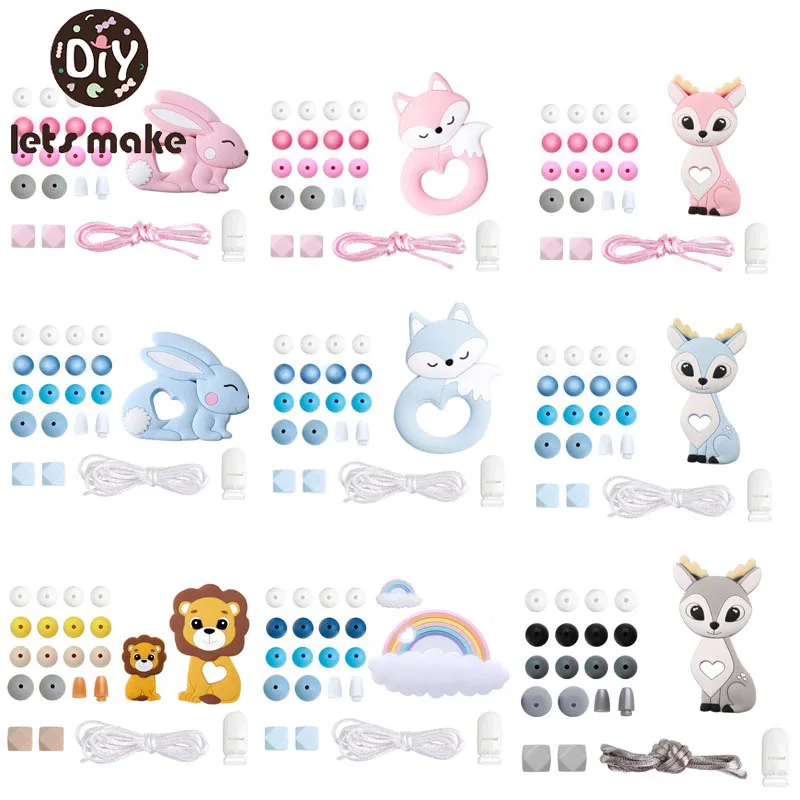 Let\'s Make Silicone Beads Set Wooden Rodent Food Grade BPA Free Fox Rabbit DIY Accessories Set Pacifier Chain Clips Nylon Rope