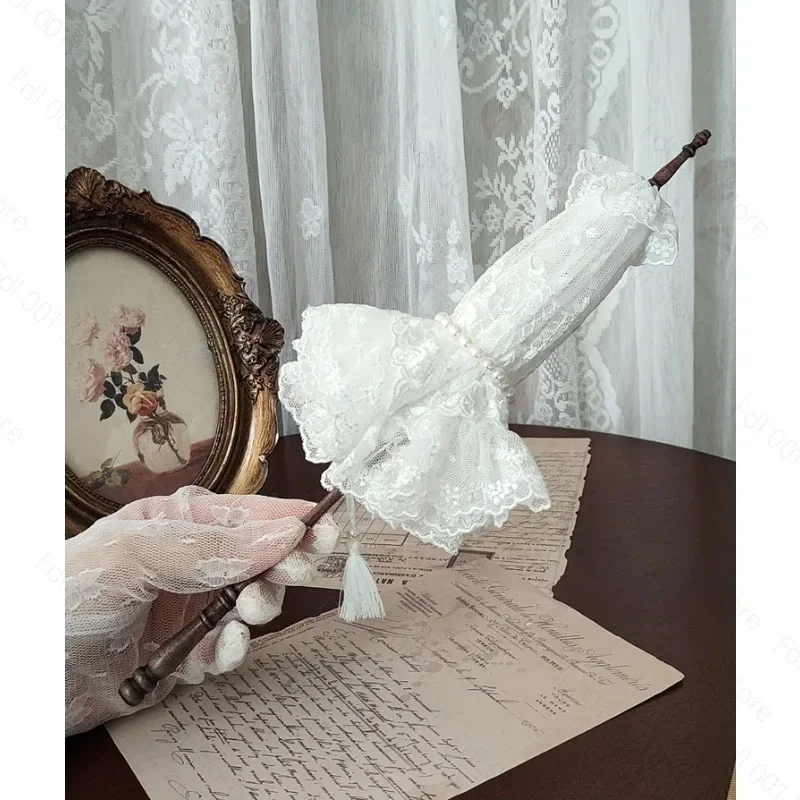 doll-antique-umbrella-adjustable-long-handle-lace-black-white-mini-parasol-34-fen-for-doll-photography-decoration