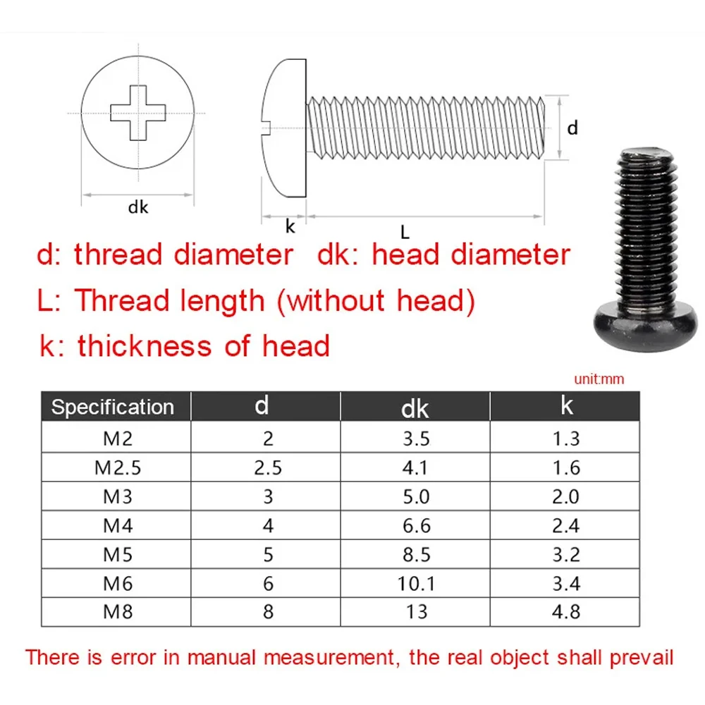 DIN7985 Carbon Steel Phillips Round Head Screw Black Carbon Steel Cross Phillips Pan Head Bolt GB818 M2 M2.5 M3 M3.5 M4 M5 M6