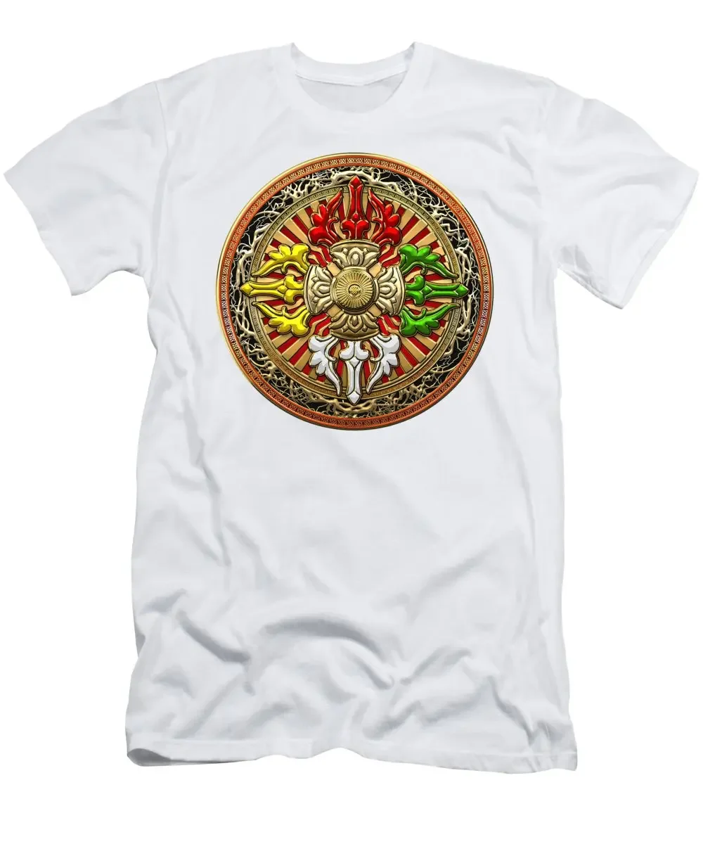 Tibetan Double Dorje Mandala Double Vajra on White Leather T-Shirt