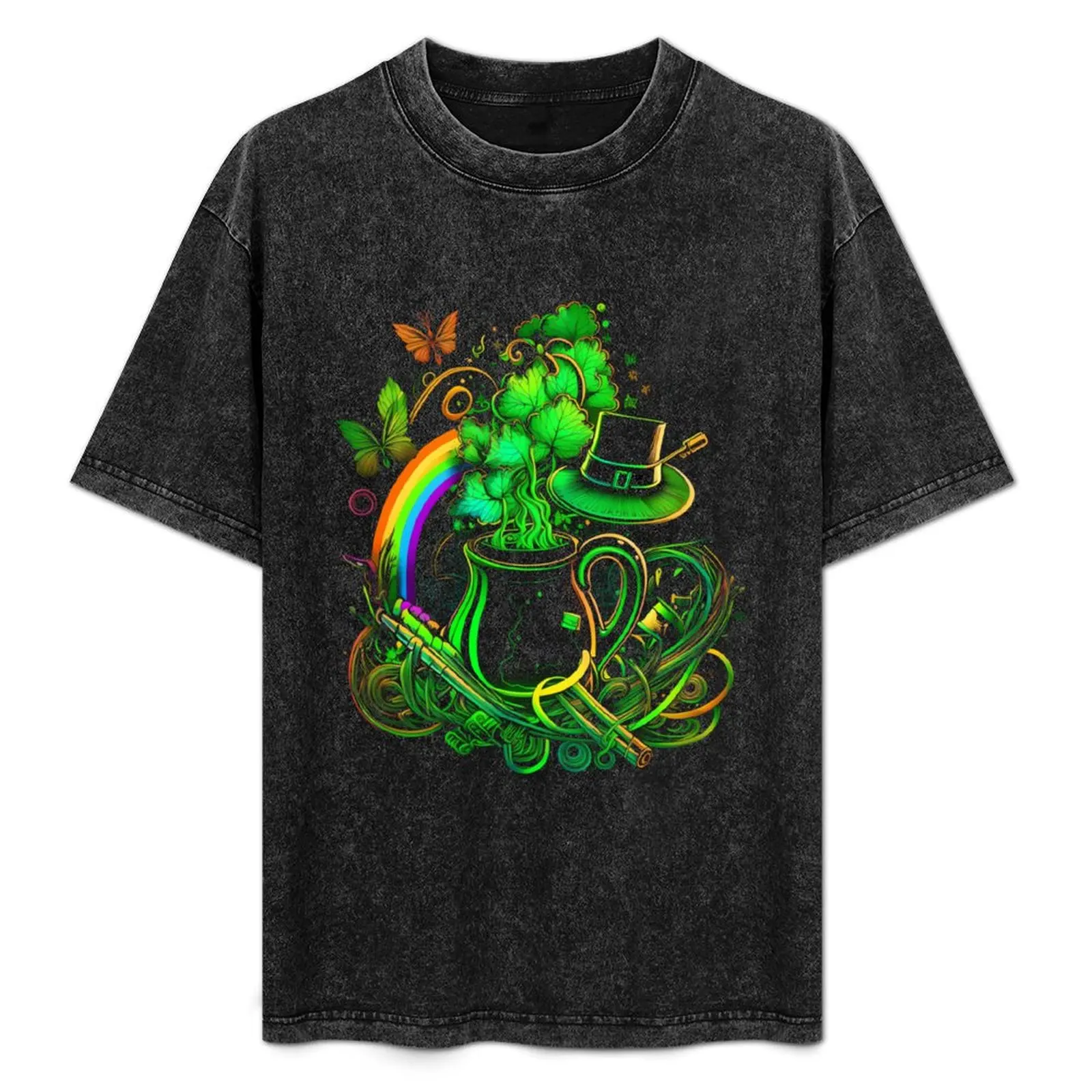 A drawing of a pot of shamrocks and a rainbow T-Shirt Durable Work Wear T-Shirt