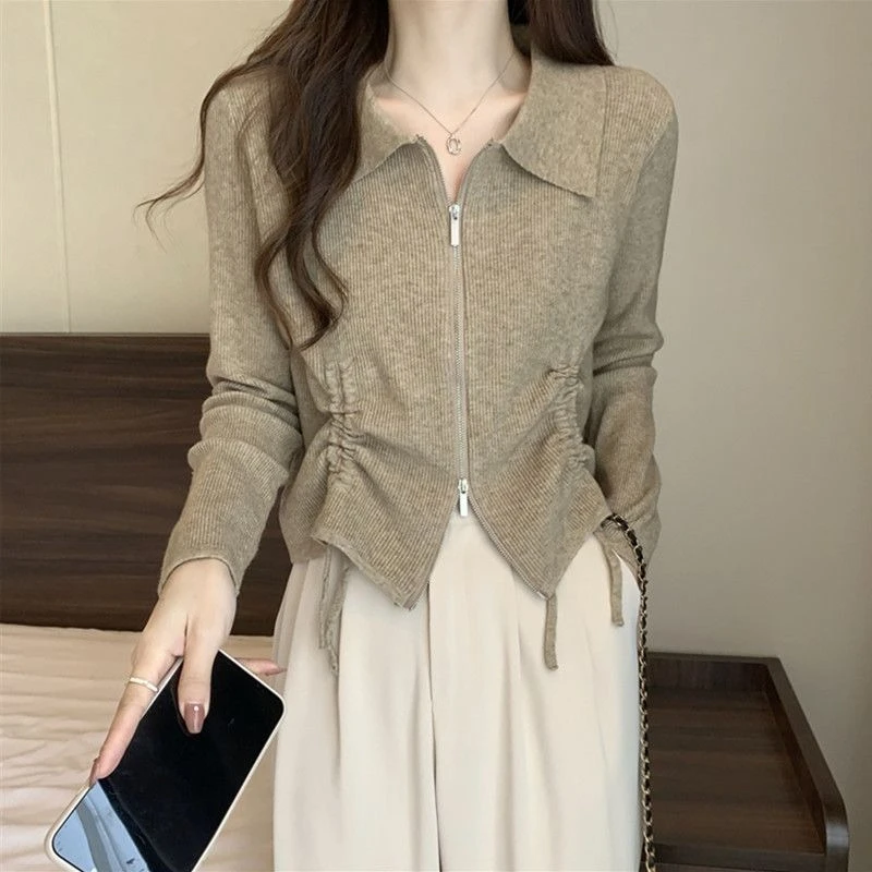 

Женская трикотажная рубашка с воротником-поло и длинным рукавом с контролем живота и шнурком, однотонная облегающая повседневная блузка для пышных женщин