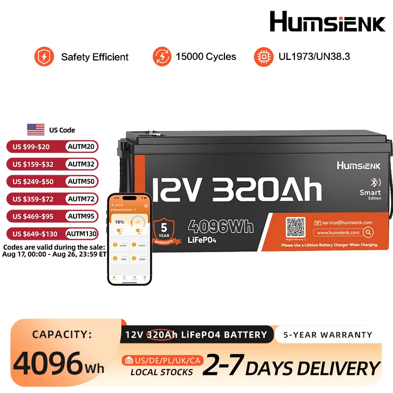 Humsienk 12V 320Ah wiederaufladbare Lithium-Batterie, Kapazität 4096Wh, integriertes Bluetooth & 250A BMS, 15000+ Deep-Cycle-Zyklen & 12V LiFePO4-Batterie für Wohnmobile, Vans, Golfcarts, Boote, Camper, Marine, Trolling-Motoren, Off-Grid, Solarenergiespeicher, 5 Jahre Garantie