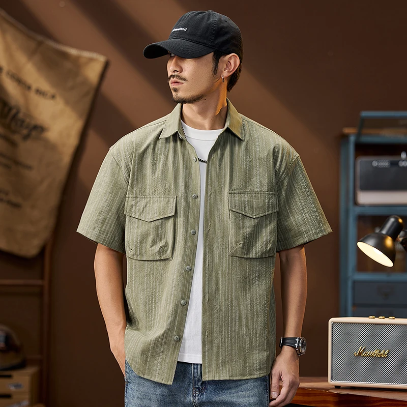 Summer Men's Vintage Ice Silk Bubble Texture Pattern Shirt  Casual Loose Multi-functional Short Sleeve Blouse Tops Man Workwear