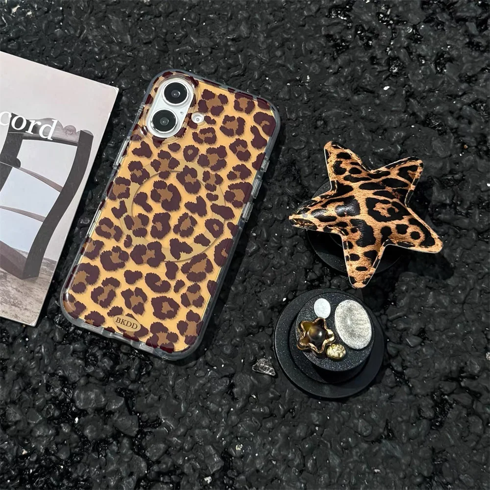 

Fashion Leopard Print Star Gem Magnetic Stand Kawaii Phone Cases for iPhone 14 13 15 Pro 16 Pro Max Women‘s Protective Cover