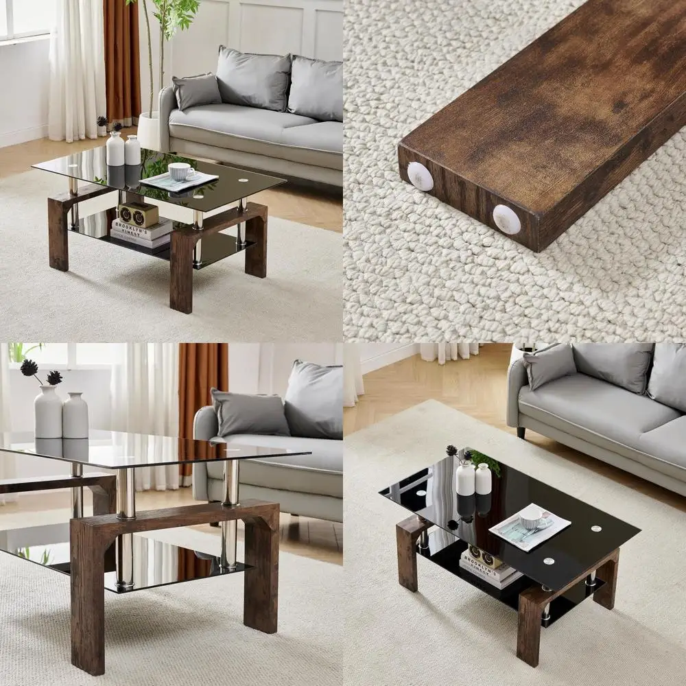 

Современный прямоугольный журнальный столик с деревянными ножками, стеклянной столешницей и нижней полкой для гостиных и зоров ожидания (черный/коричневый)