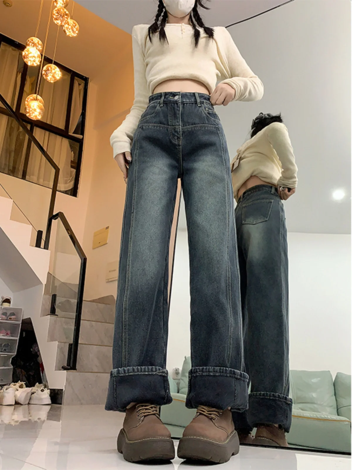 

Большие размеры, высокая талия, на подкладке, американские джинсовые джинсы, женские свободные широкие брюки длиной до пола, осенняя мода