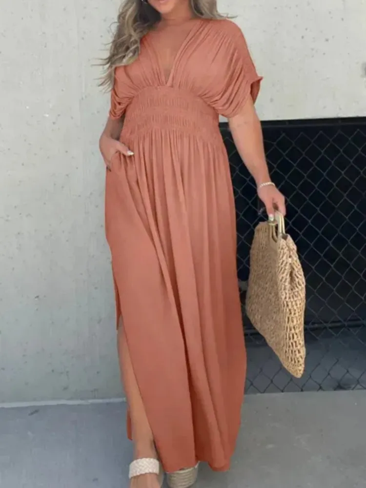 

Новые летние однотонные длинные платья, женское платье с v-образным вырезом и открытой спиной на шнуровке с рукавами «летучая мышь», модное повседневное платье для пляжного отдыха, Vestidos