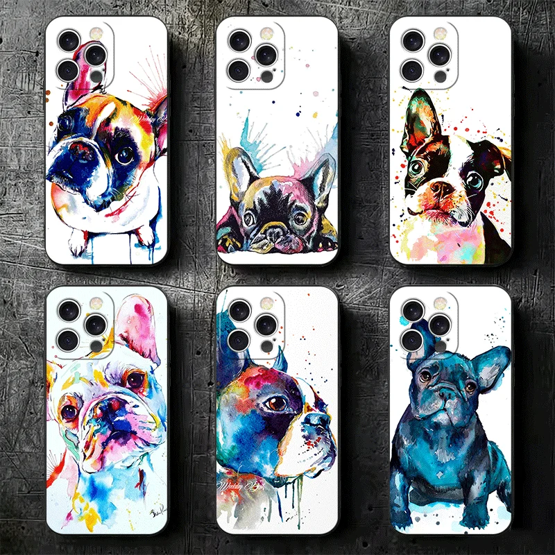 Capa de Celular Macia com Design de Bulldog Francês e Pug para iPhone 16 16E 17 Air 15 Pro Max 14 Plus 13 Mini 11 12 7 - Capa Traseira Preta