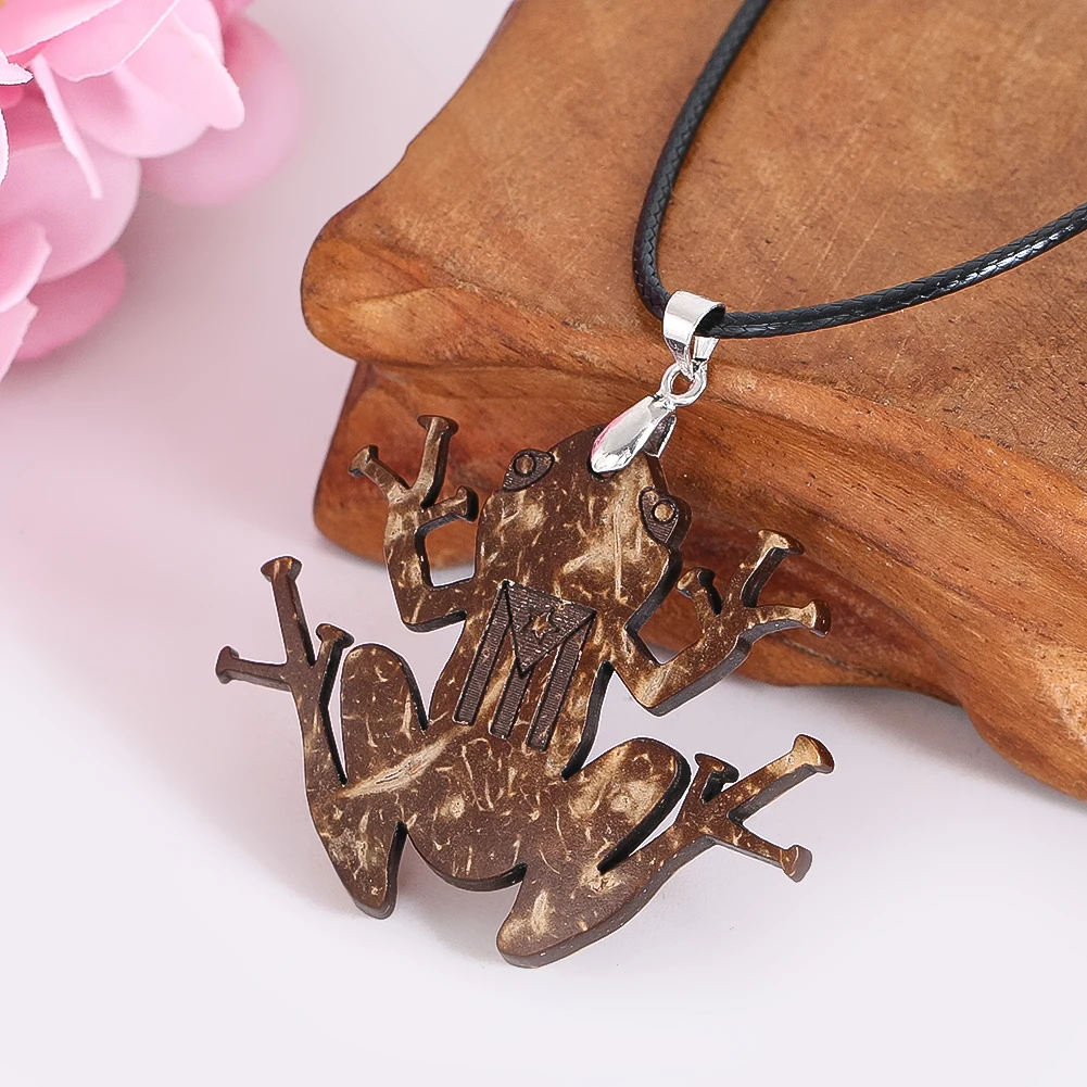 Ethnic Coconut Shell Frog Pendant Necklace Puerto Rico Tribal Flag Silver Plated Bail Black Cord Chain Jewelry Gift For Friends