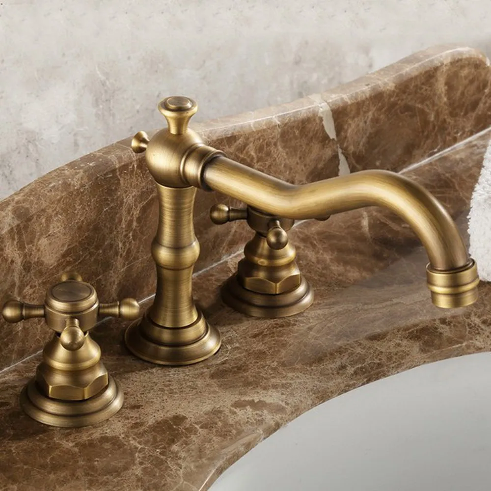 Imagem -02 - Antique Brass Torneira da Bacia Buraco Torneira Pia do Banheiro Deck Montado Sink Faucet Tap Mixer Quente e Fria do Vintage Bnf202