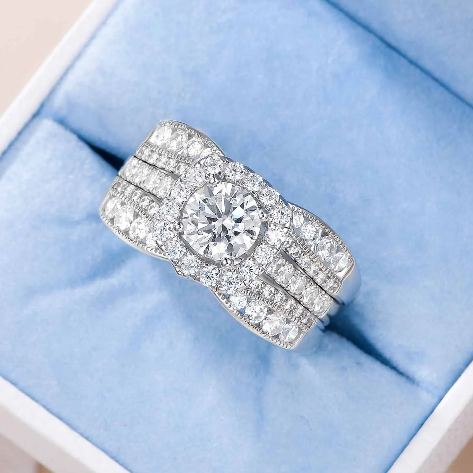 Newshe 2Pcs Wedding Rings for Women 925 Sterling Silver Original Jewelry AAAAA Cz Engagement Ring Bridal Set Enhancers and Wraps