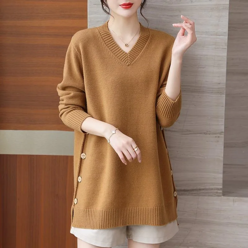 Plus Size Sweater Loose Long Sleeved Knit Medium To Long Irregular Solid Color V-neck Top Autumn Winter Daily Simple Clothing