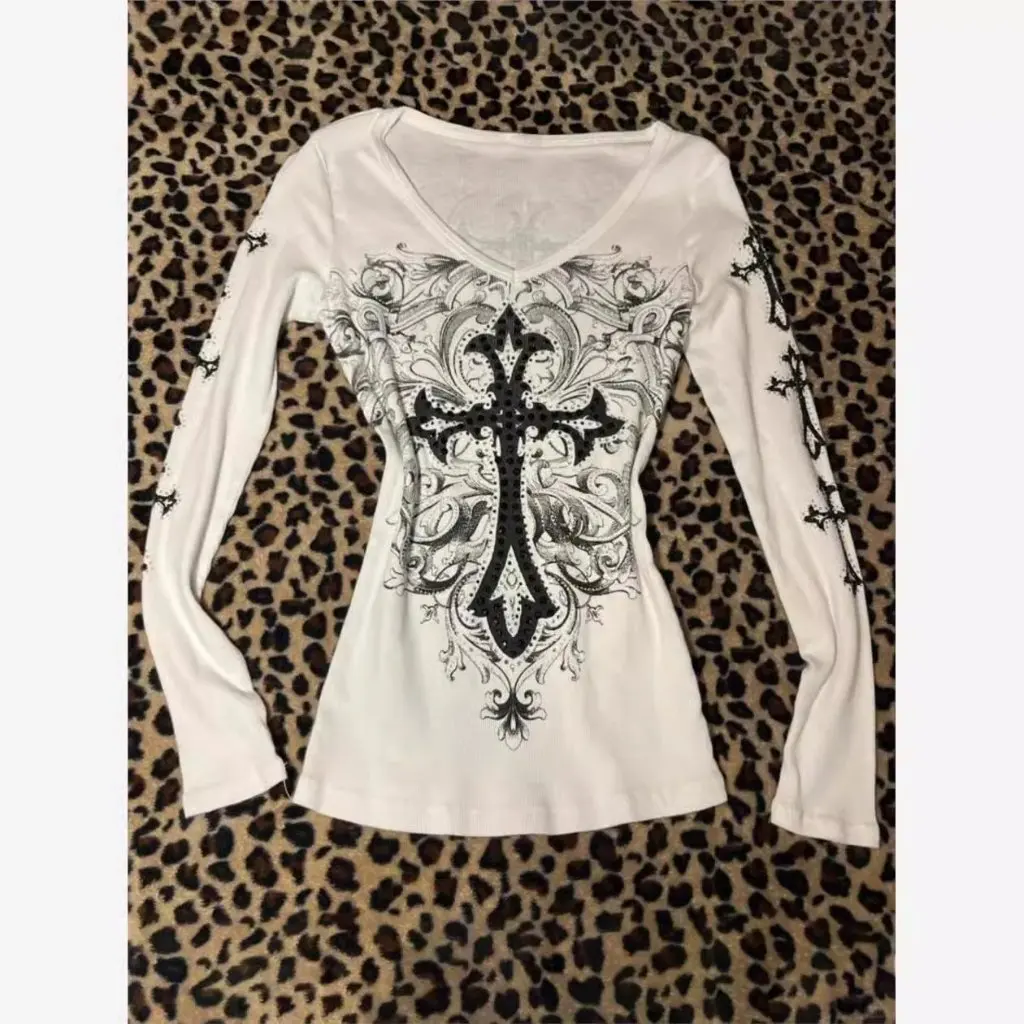 

Y2K Cross Printed American Style Women's Slim Fit White T-shirt Trendy Autumn Winter Top for Hot Girl Asian Culture
