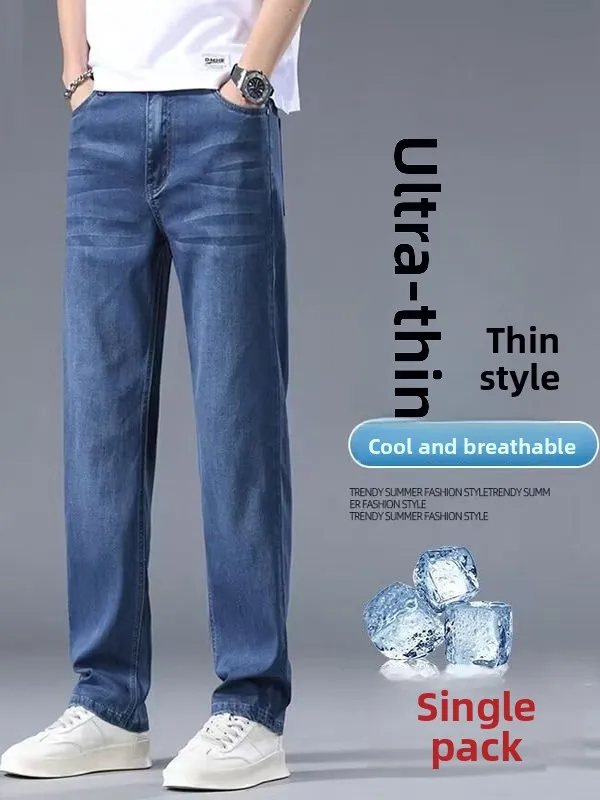بنطلون جينز رجالي حريري رفيع للغاية مستقيم الساق فضفاض للأعمال سراويل طويلة صيفية غير رسمية قابلة للتنفس مغسولة بالماء جينز م...