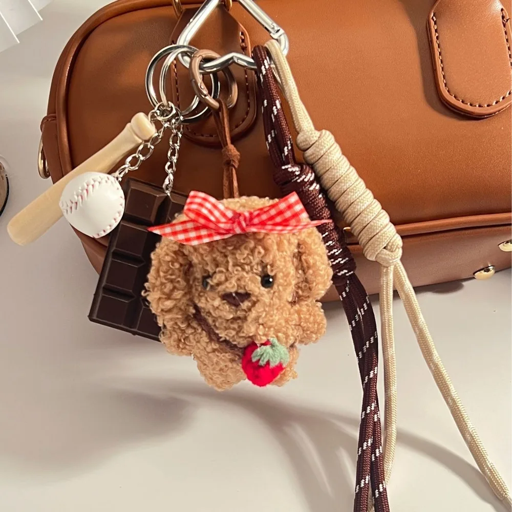 Dog Bag Charm Keychain Curly Puppy With Baseball Bow Braided Cord Layered Handbag Accessory Purse Decoration Gift For Dog Lovers