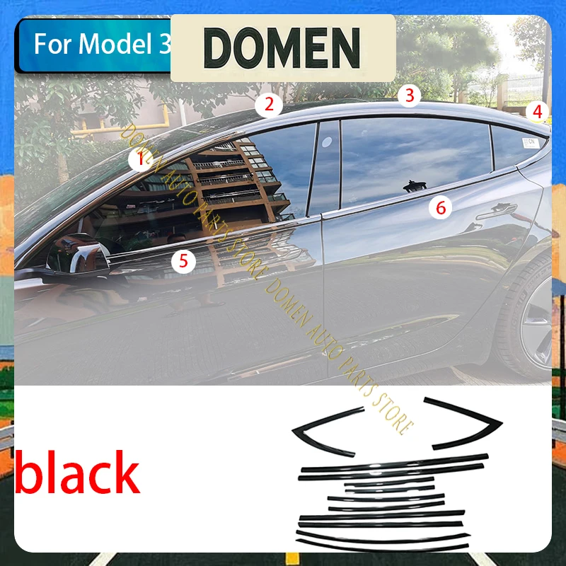 DOMEN Car Accessories For Tesla Model 3 2017-2023 steel Chrome black Carbon Exterior Window Molding Strip Sill side Cover Trim 1