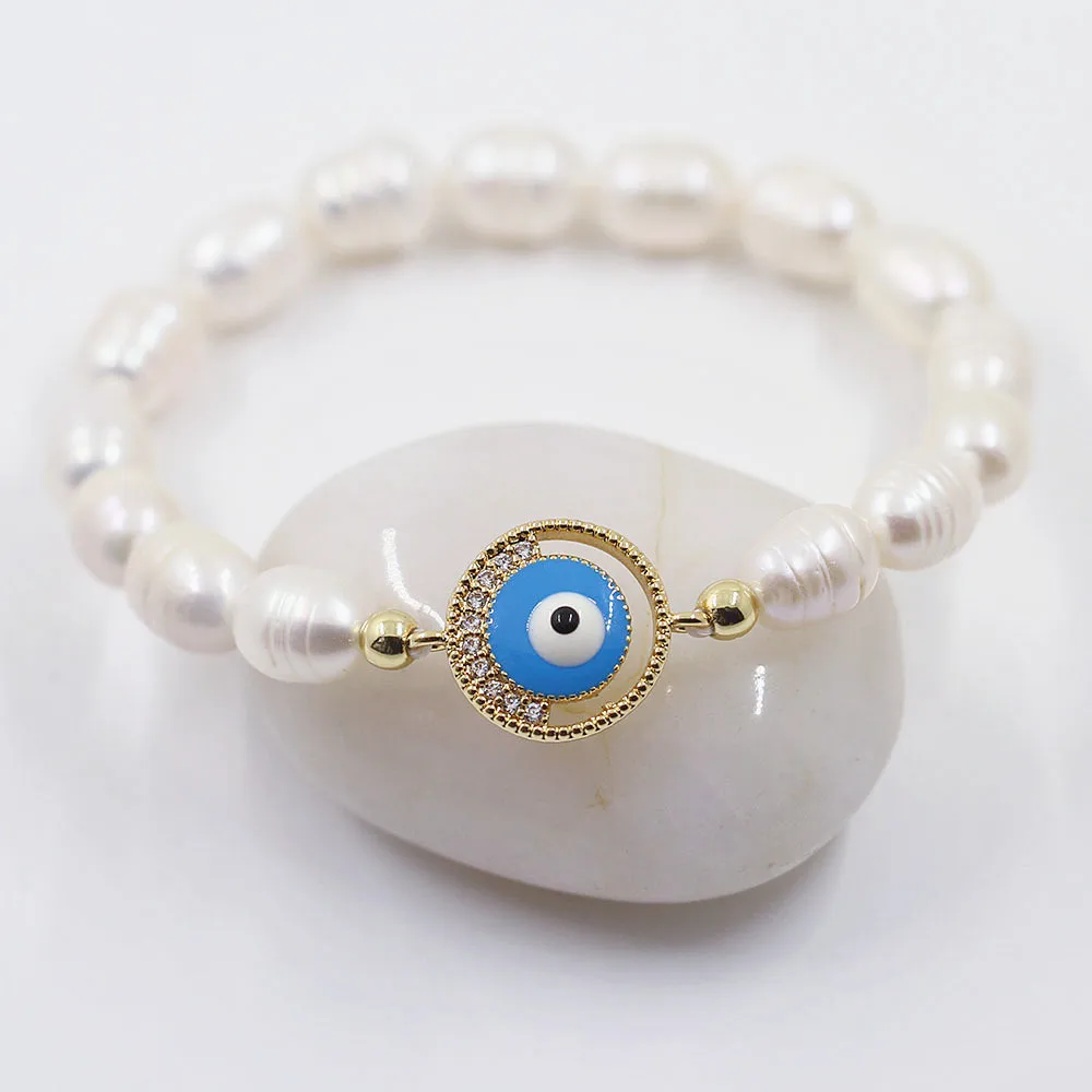 Fashion Bracelet Natural Freshwater Pearl Blue Evil Eye/Hamsa Hand/Heart CZ Zircon Luxury Jewelry Hot Wedding Gift For Women