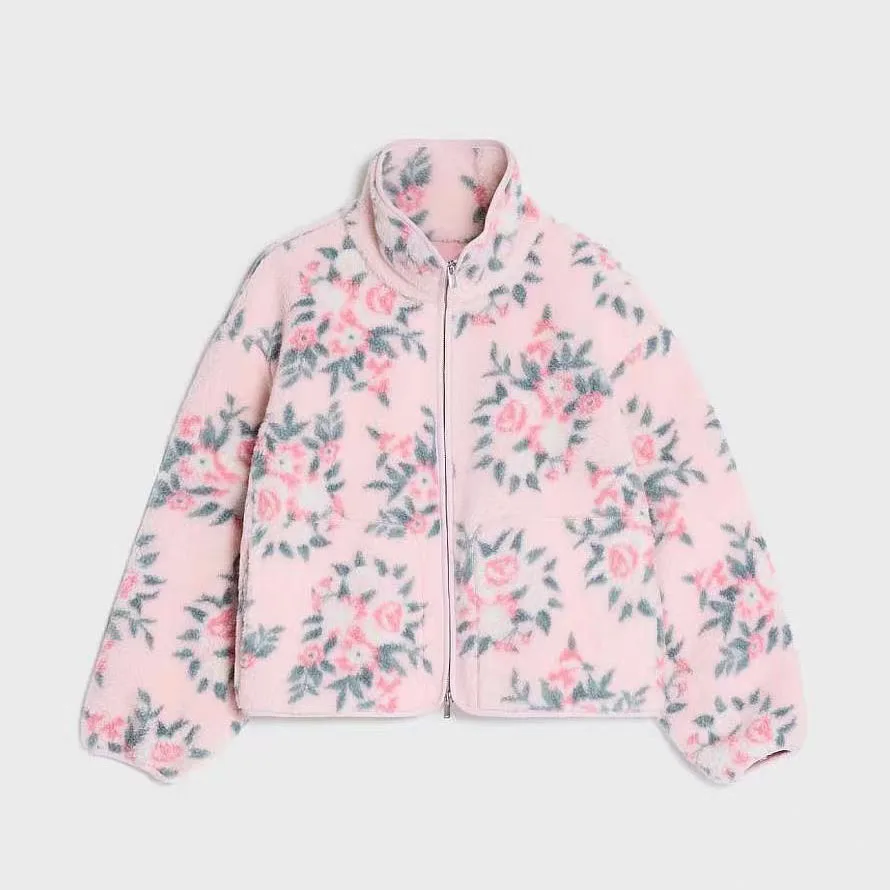Winter Women's Imitation Lamb Wool Jacket French Casual Fashion Loose Stand Up Collar Zipper Printed Cotton Padded Coat
