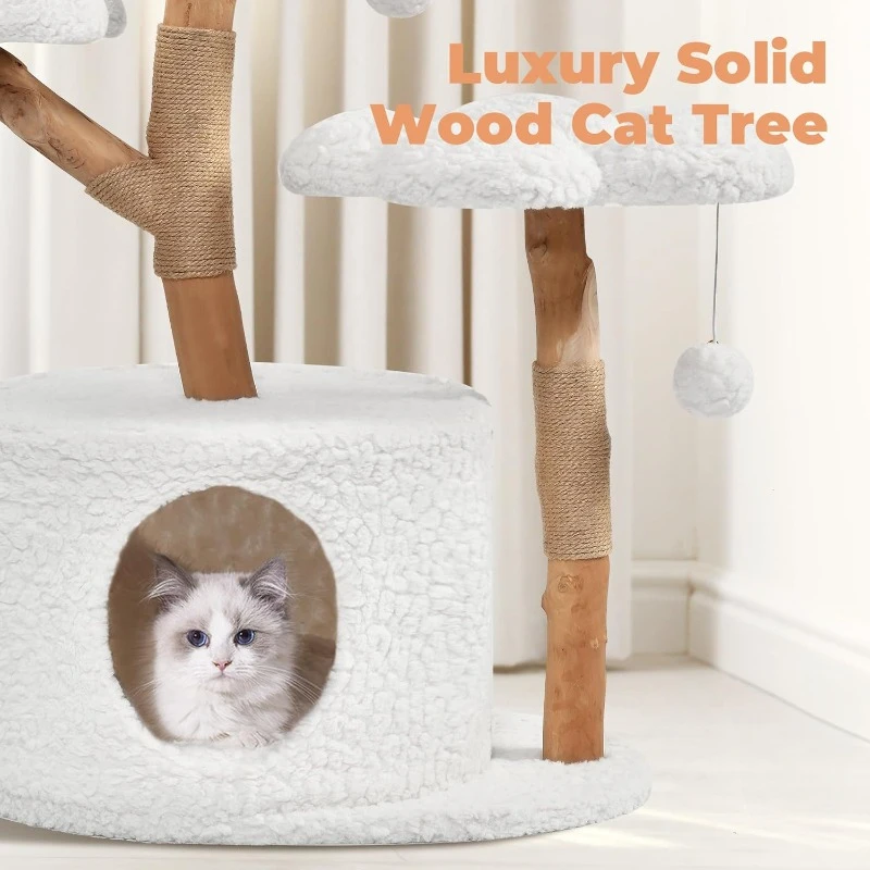 Modern Cat Tree Aesthetic Wood Cat Tower with Scratching Posts Hand-Woven Basket and Flower Platform & Cat Condo for Large Cats