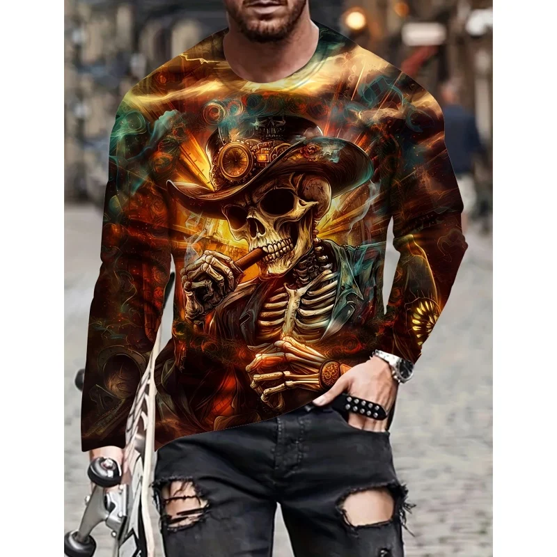 

Autumn 3D Skull Printed Men's Long-Sleeve T-shirt Casual Fashion Oversized Man Clothes Street Hip-hop Dazzling Cool Pattern Tops