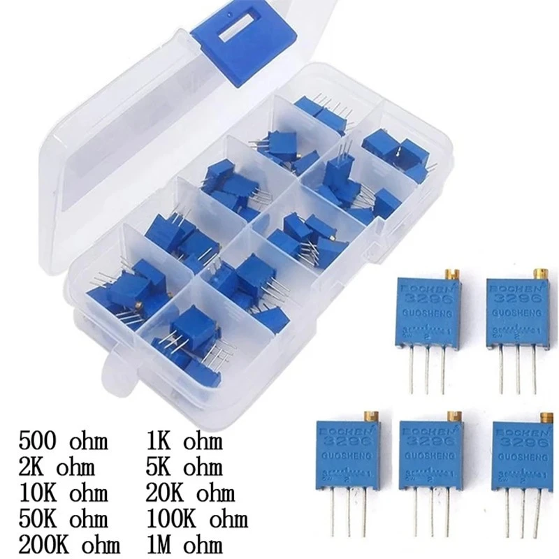 3296W potentiometer package, adjustable potentiometer package 500R-1M, 5 pieces each, 10 types in total, with box