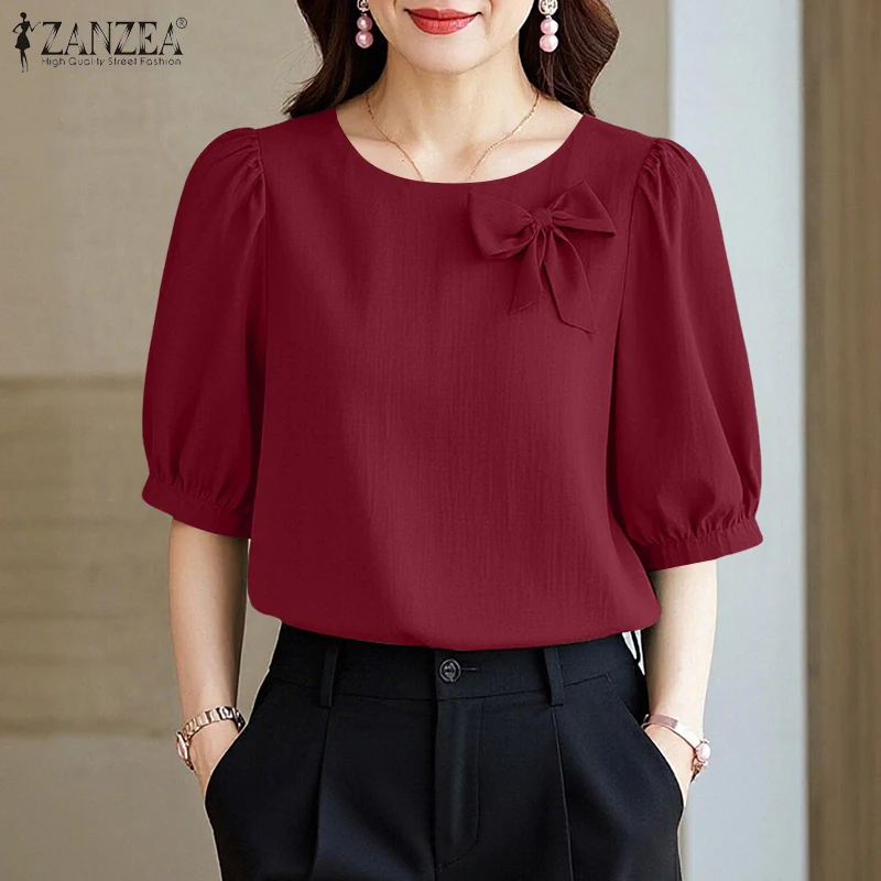 

Элегантная женская рабочая блузка ZANZEA 2026, летняя рубашка с бантиками, стильная однотонная туника с короткими рукавами, топы, повседневные Blusas Mujer с круглым вырезом