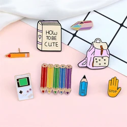 Cute Enamel Pencil School Bag Book Game Brooches For Kids Denim Coat Shirt Collar Metal Lapel Pins Backpack Badge Jewelry Gifts