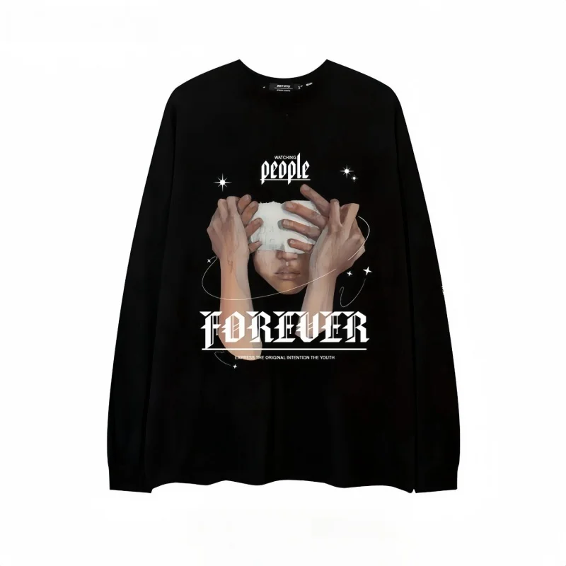 ZAZOMDE Unisex Cotton Long Sleeve T Shirt Hip Hop Style Large Urban Art Print Streetwear Top For Street Dancers Skateboarders