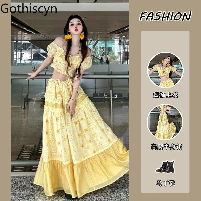 

Gothiscyn Hot Girl Set Women's Summer Off Shoulder Short-sleeved Top High Waist Skirt Two-piece Set Fashion Female Clothes