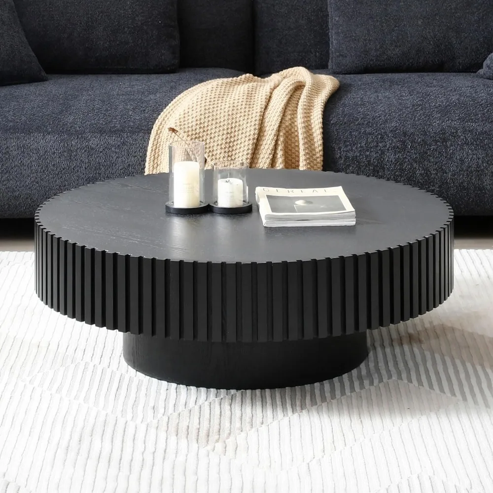 Round Coffee Table, Wood End Tables for Living Room, Modern Circle Fluted Drum Side Tables, Easy Assembly, Coffee Table